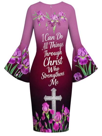 Burgundy Iris Floral Cross Scripture Easter Flare Sleeve Bodycon Midi Dress JIHB2863