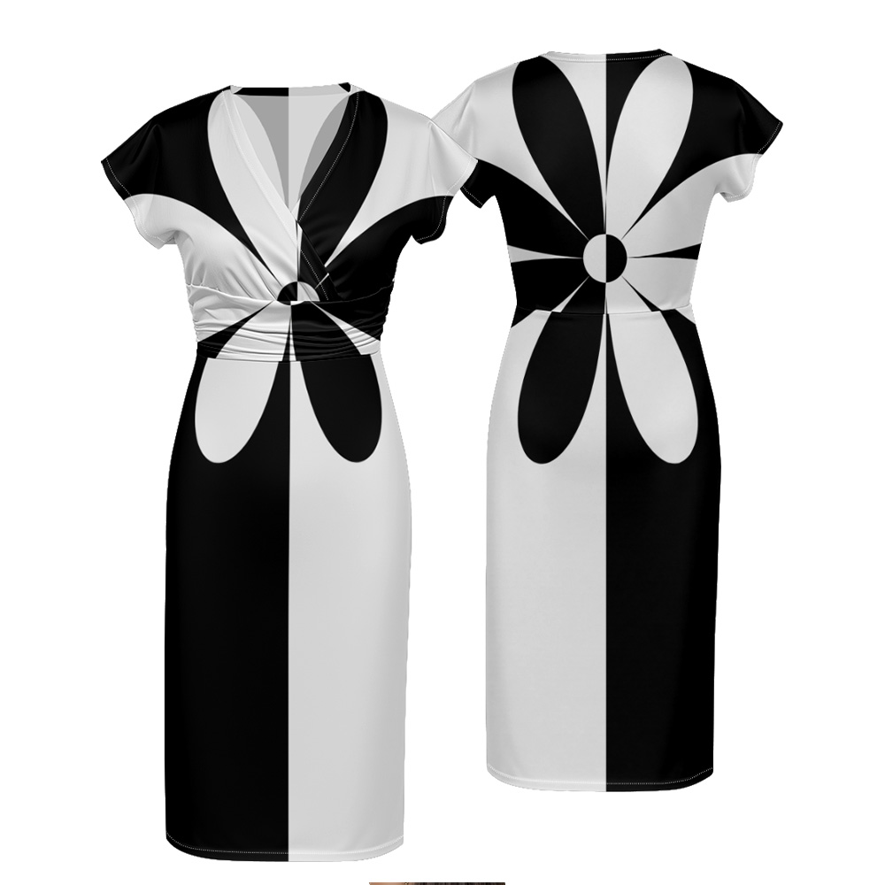 Black & White Floral Cap Sleeve V-Neck Midi Dress