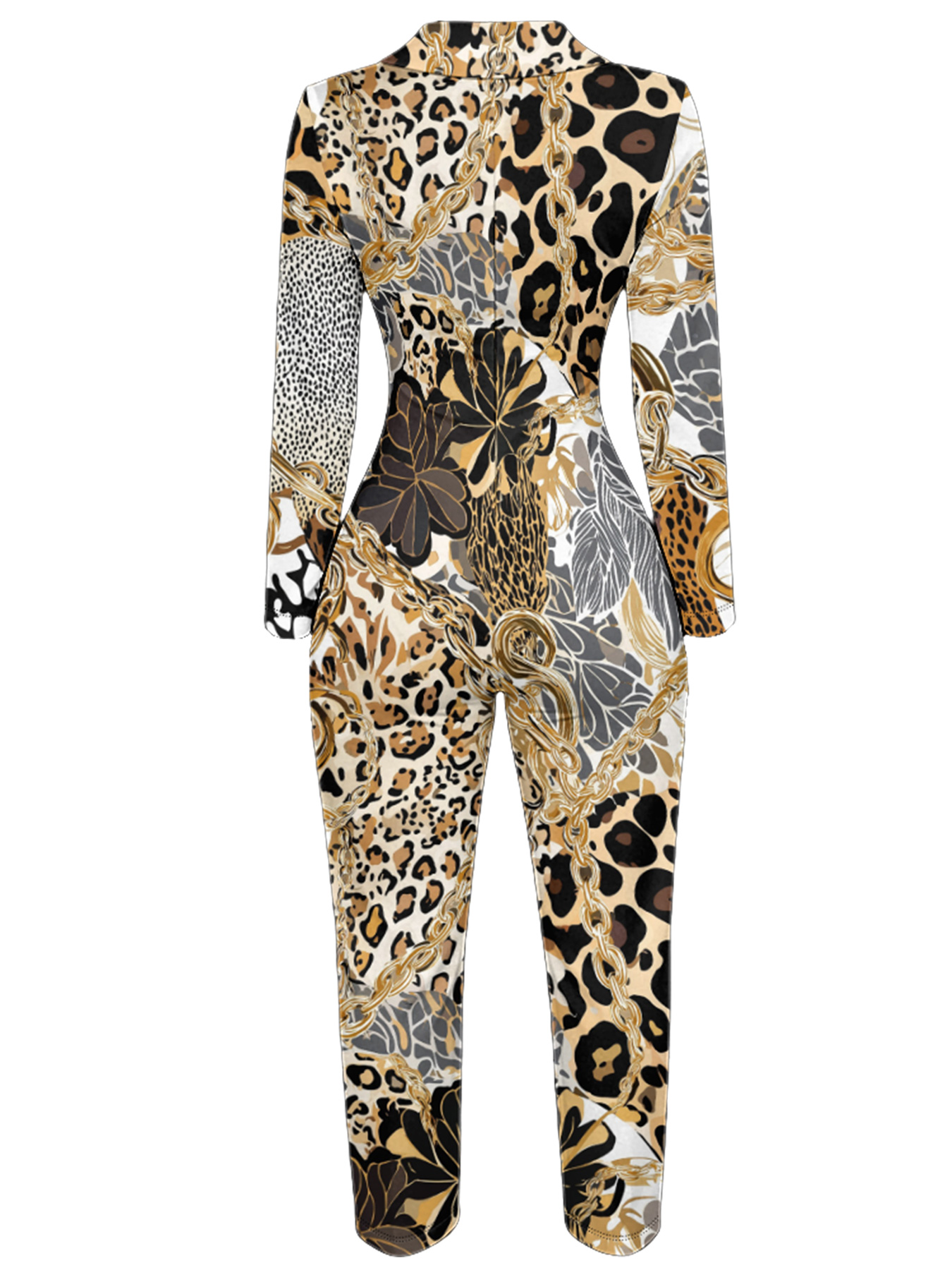 Leopard & Gold Chain Long Sleeve Zip-Up Jumpsuit 