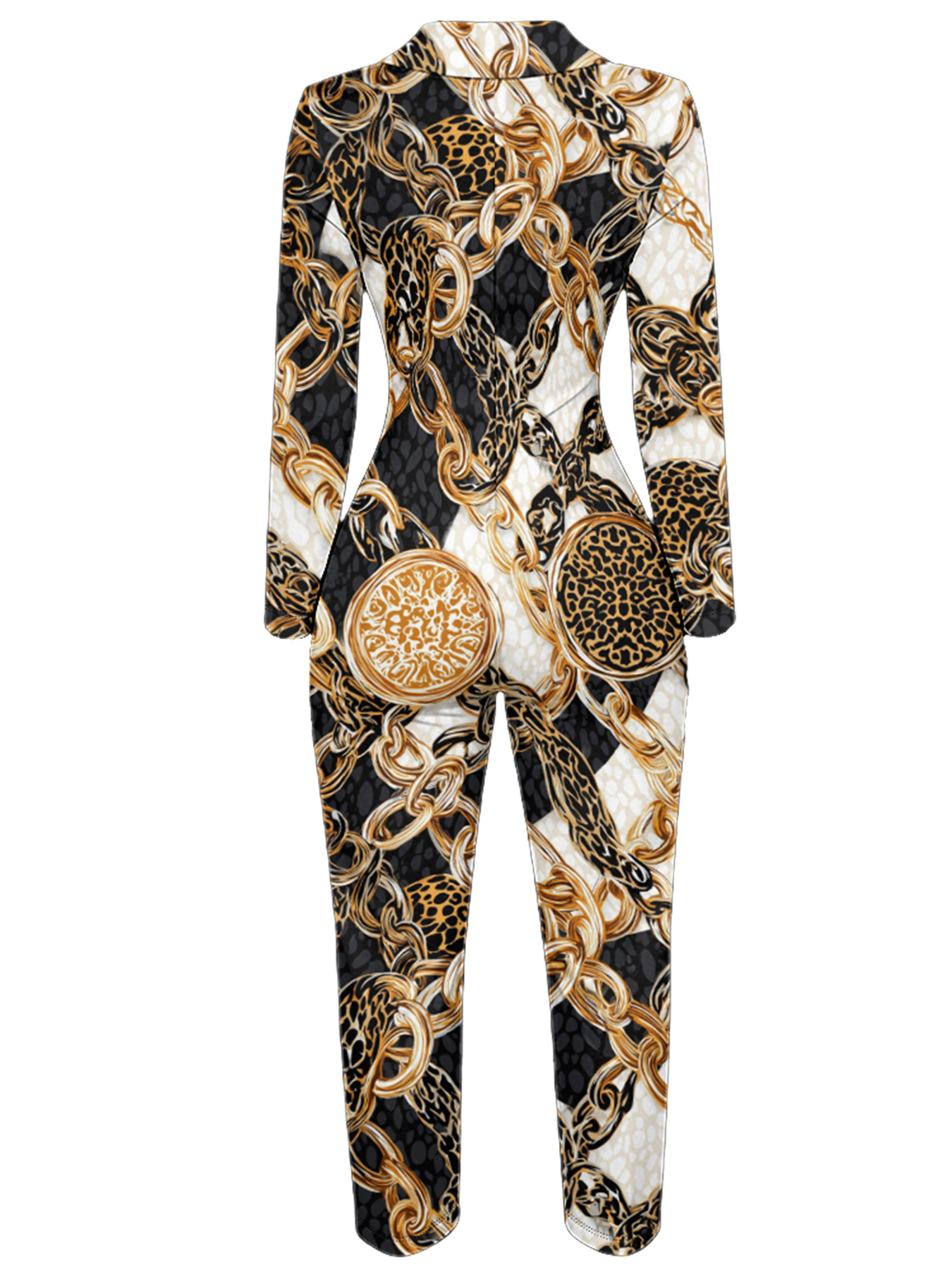 Leopard & Baroque Chain Long Sleeve Zip-Up Jumpsuit NML134