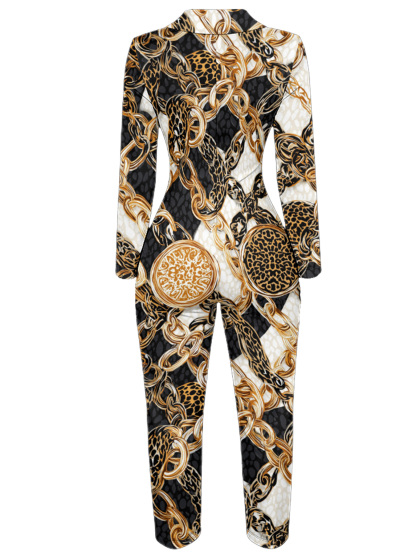 Leopard & Baroque Chain Long Sleeve Zip-Up Jumpsuit NML134