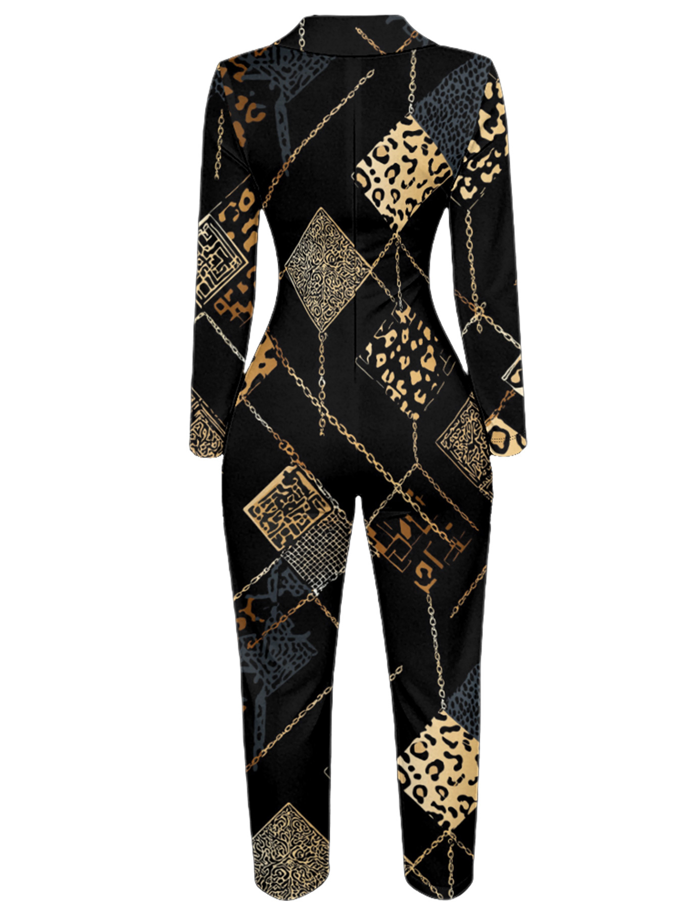 Black Leopard & Gold Chain Long Sleeve Zip-Up Jumpsuit LKJ014