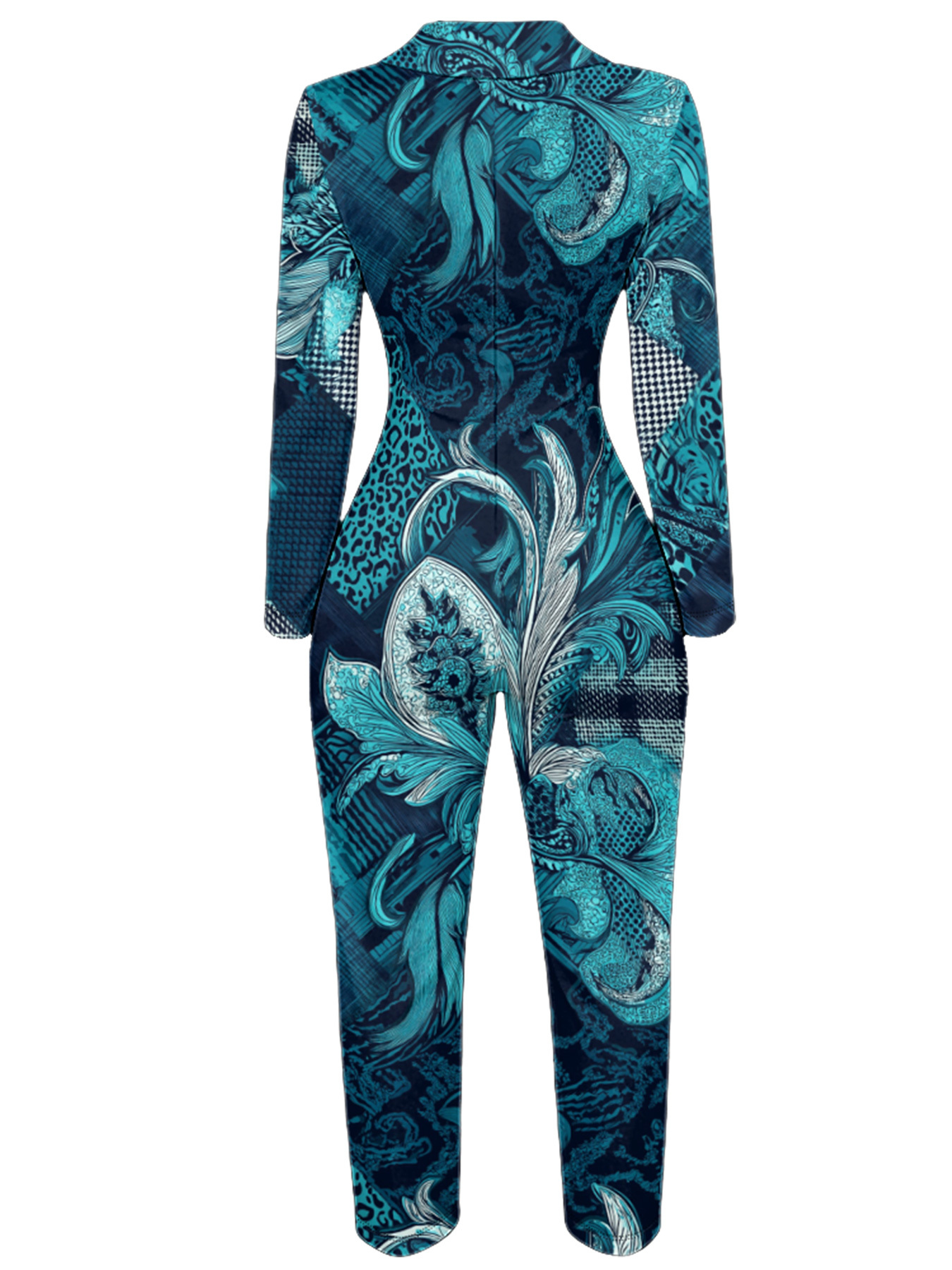 Teal Leopard & Art Nouveau Wave Long Sleeve Zip-Up Jumpsuit 