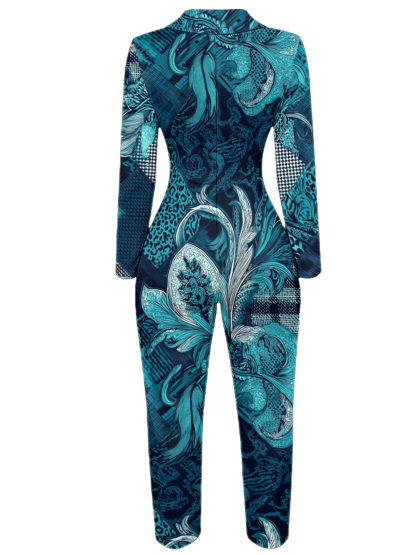 Teal Leopard & Art Nouveau Wave Long Sleeve Zip-Up Jumpsuit 