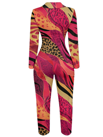 Pink & Orange Leopard Stripe Long Sleeve Zip-Up Jumpsuit 