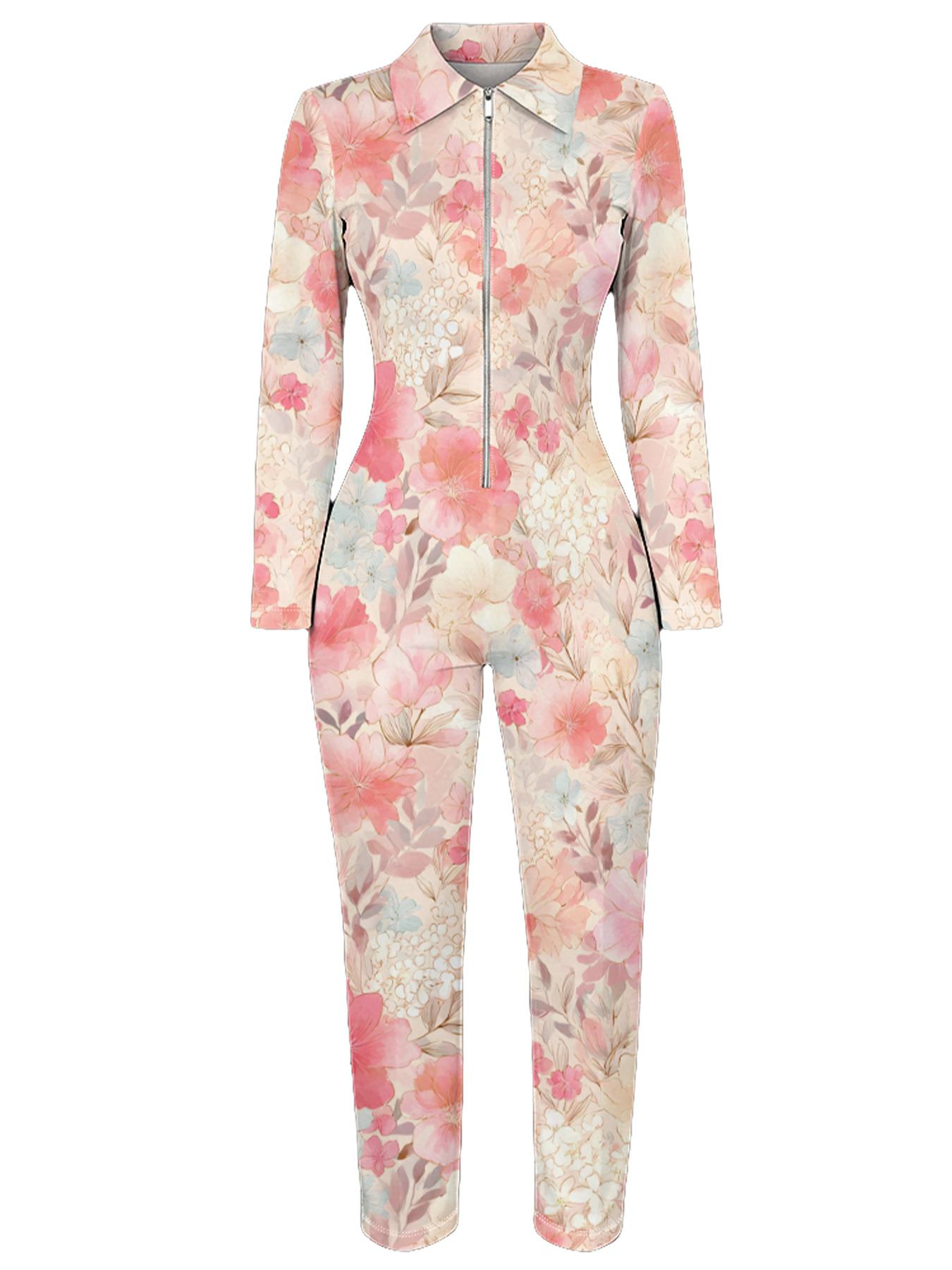 Blush Pink Floral Watercolor Long Sleeve Zip-Up Jumpsuit 