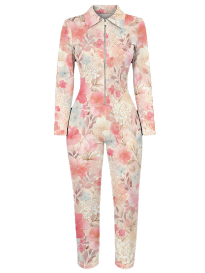 Blush Pink Floral Watercolor Long Sleeve Zip-Up Jumpsuit 