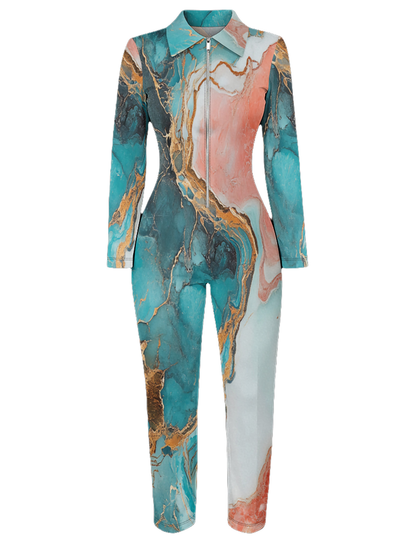 Teal & Gold Marble Long Sleeve Zip-Up Jumpsuit 