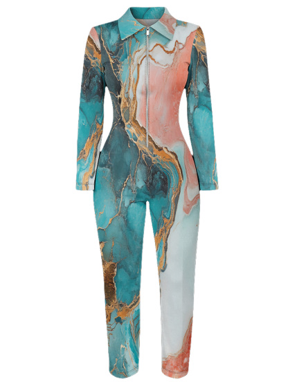 Teal & Gold Marble Long Sleeve Zip-Up Jumpsuit 