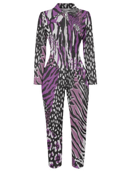 Purple Zebra & Leopard Mixed Long Sleeve Zip-Up Jumpsuit 