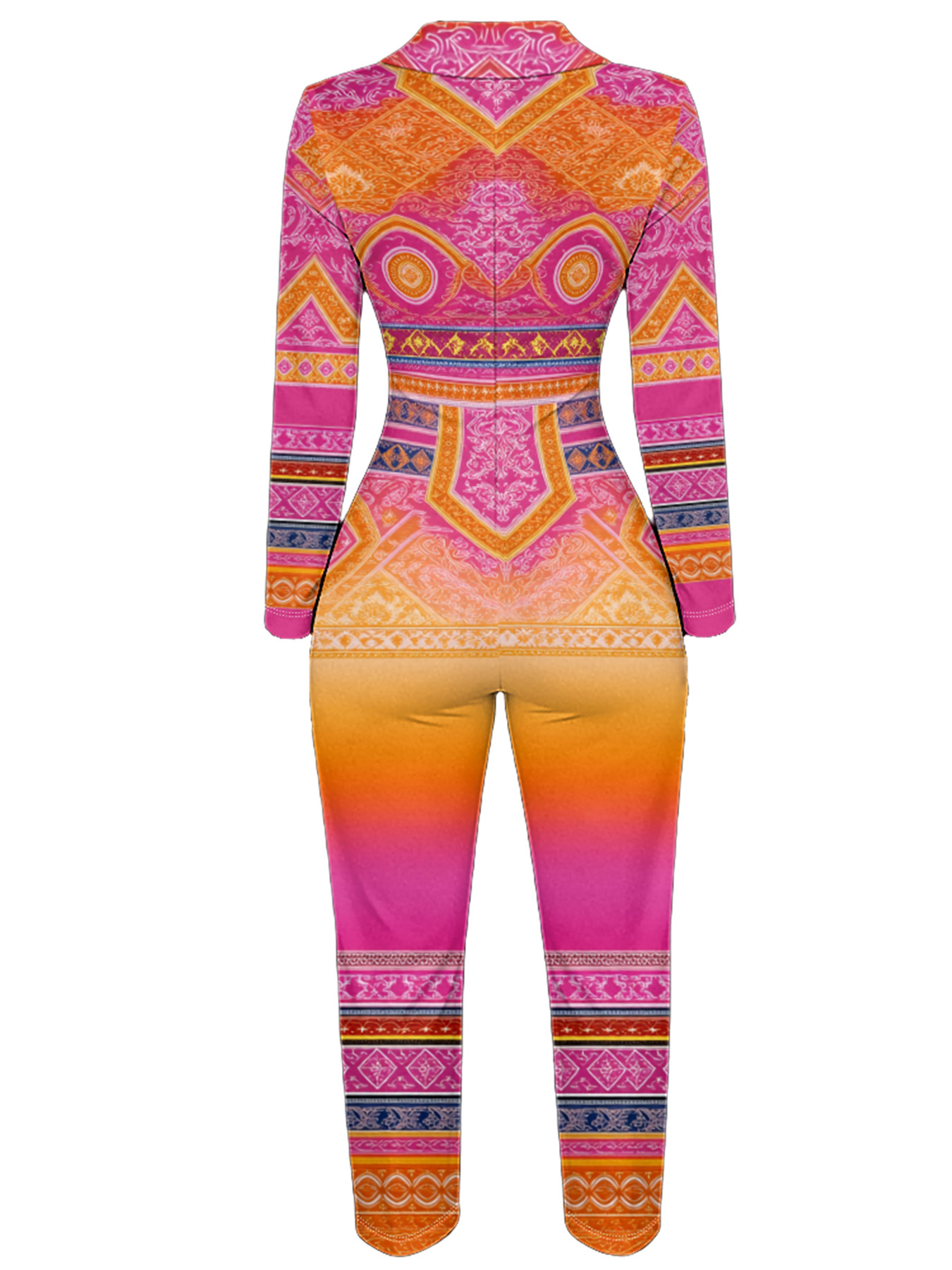 Pink Orange Boho Tribal Long Sleeve Zip-Up Jumpsuit 