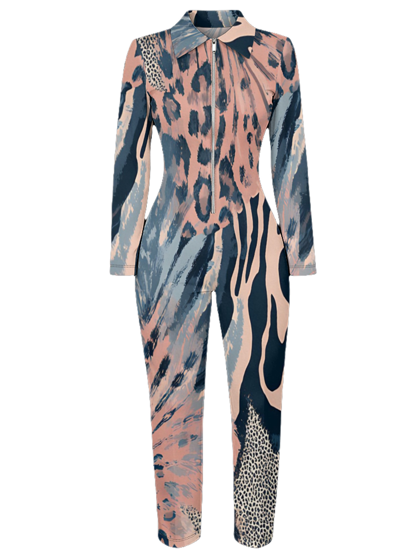 Exotic Abstract Animal Long Sleeve Zip-Up Jumpsuit 
