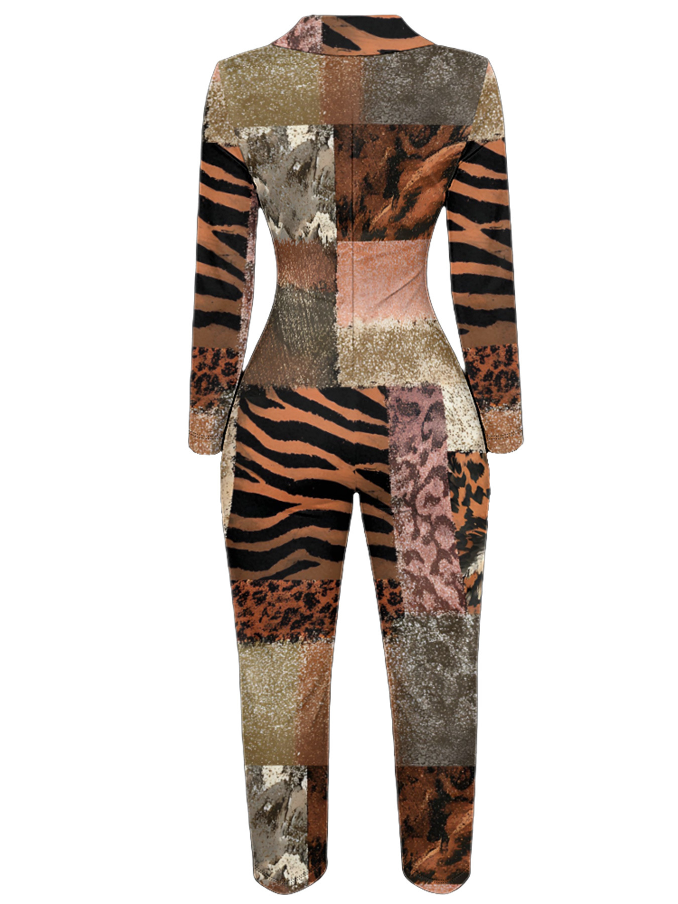 Patchwork Tiger & Camo Long Sleeve Zip-Up Jumpsuit 