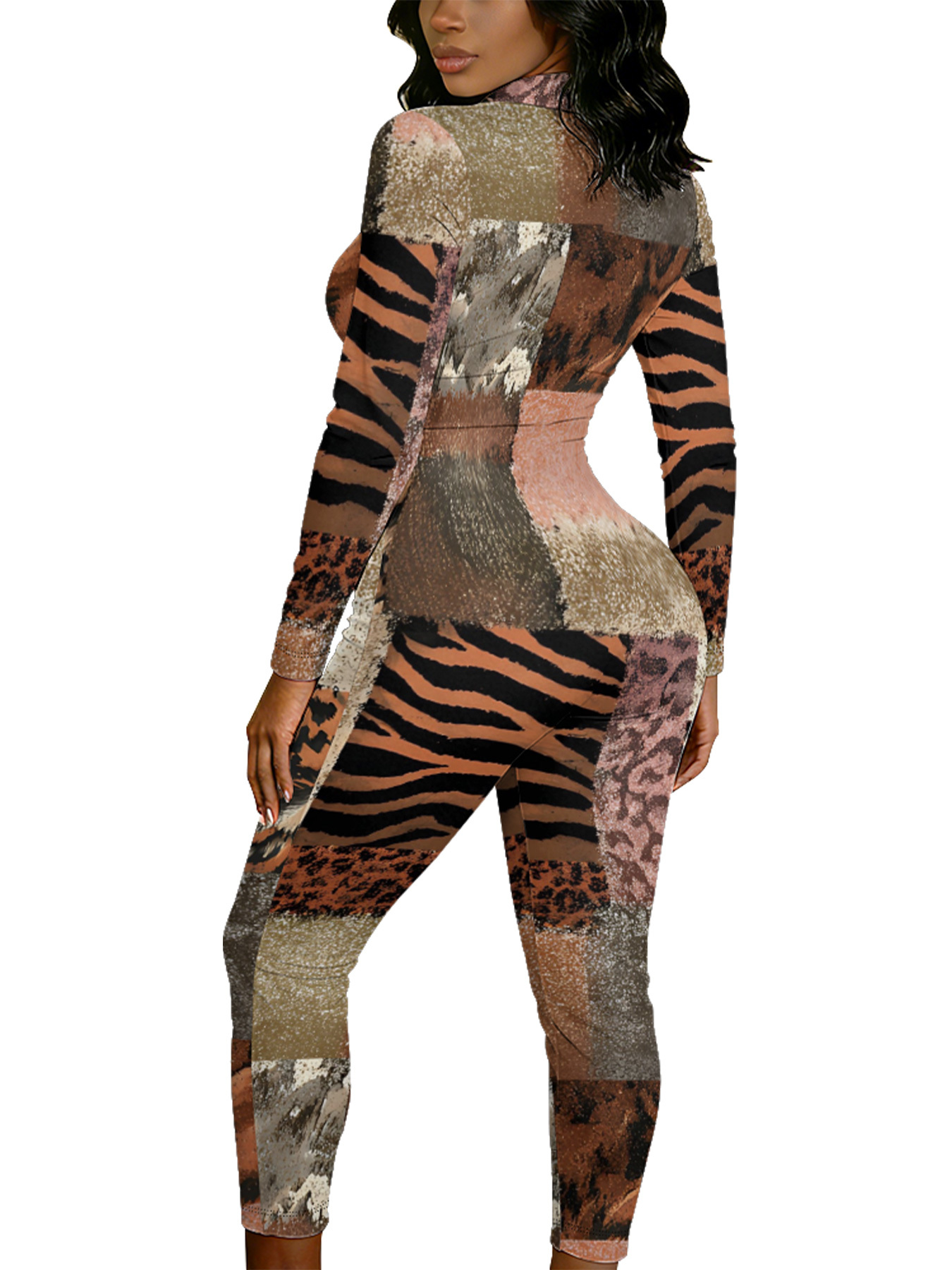 Patchwork Tiger & Camo Long Sleeve Zip-Up Jumpsuit 