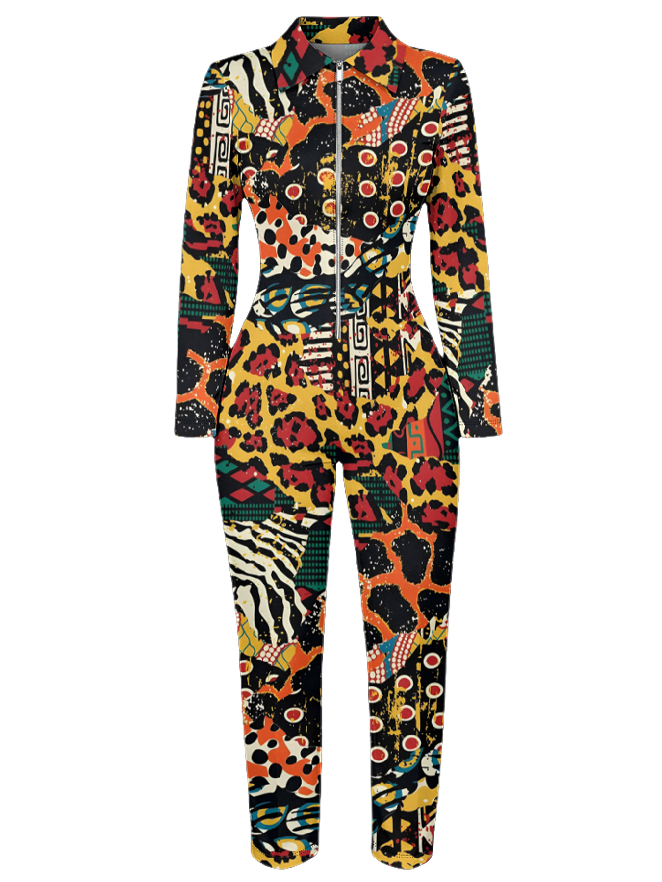 Multicolor Tribal Animal Long Sleeve Zip-Up Jumpsuit 