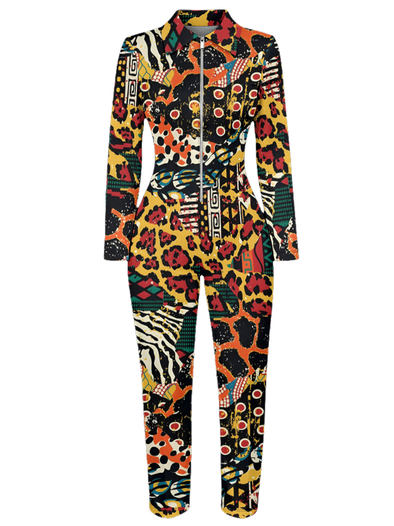 Multicolor Tribal Animal Long Sleeve Zip-Up Jumpsuit 
