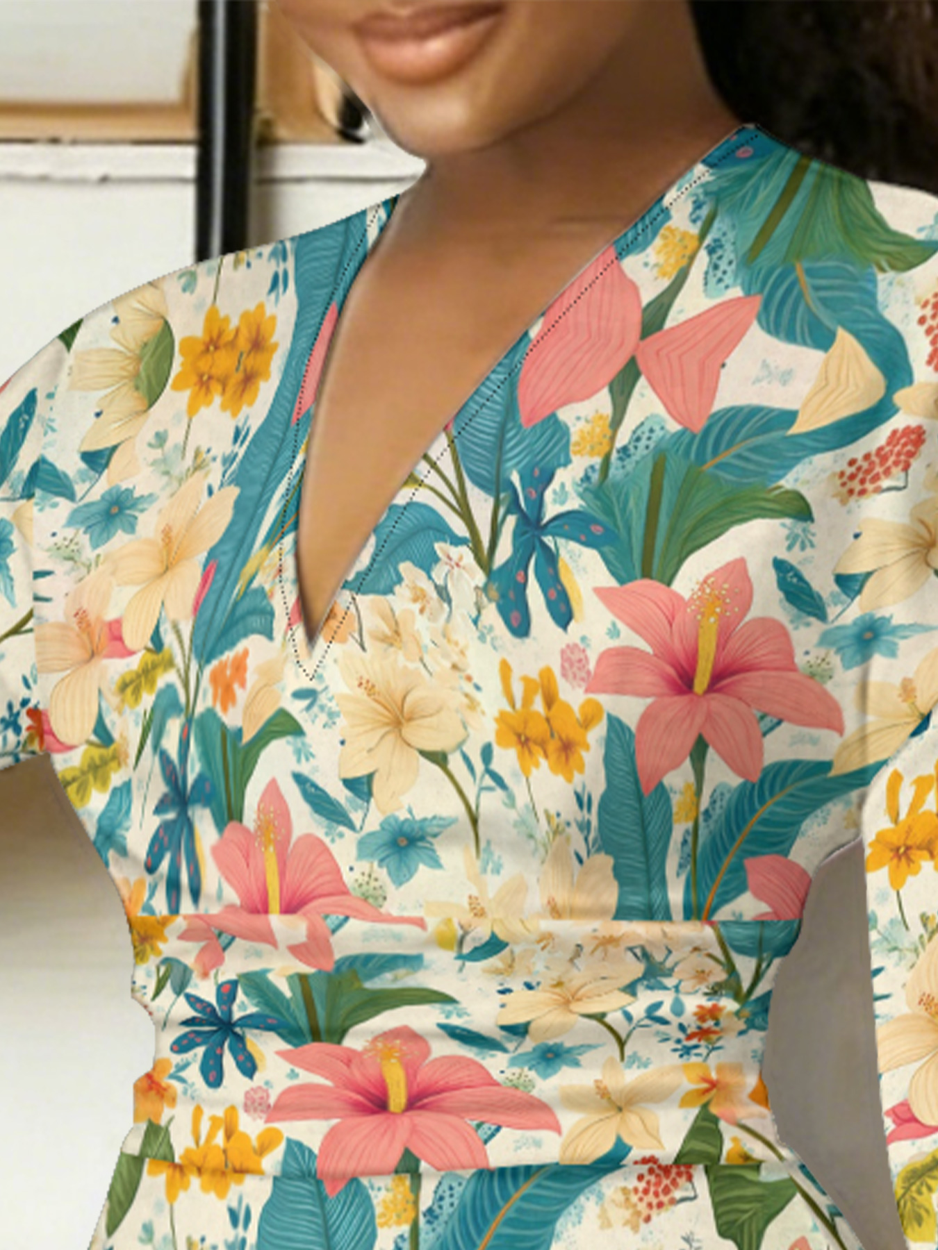 Tropical Floral Wrap V-Neck Bodycon Midi Dress FGK401