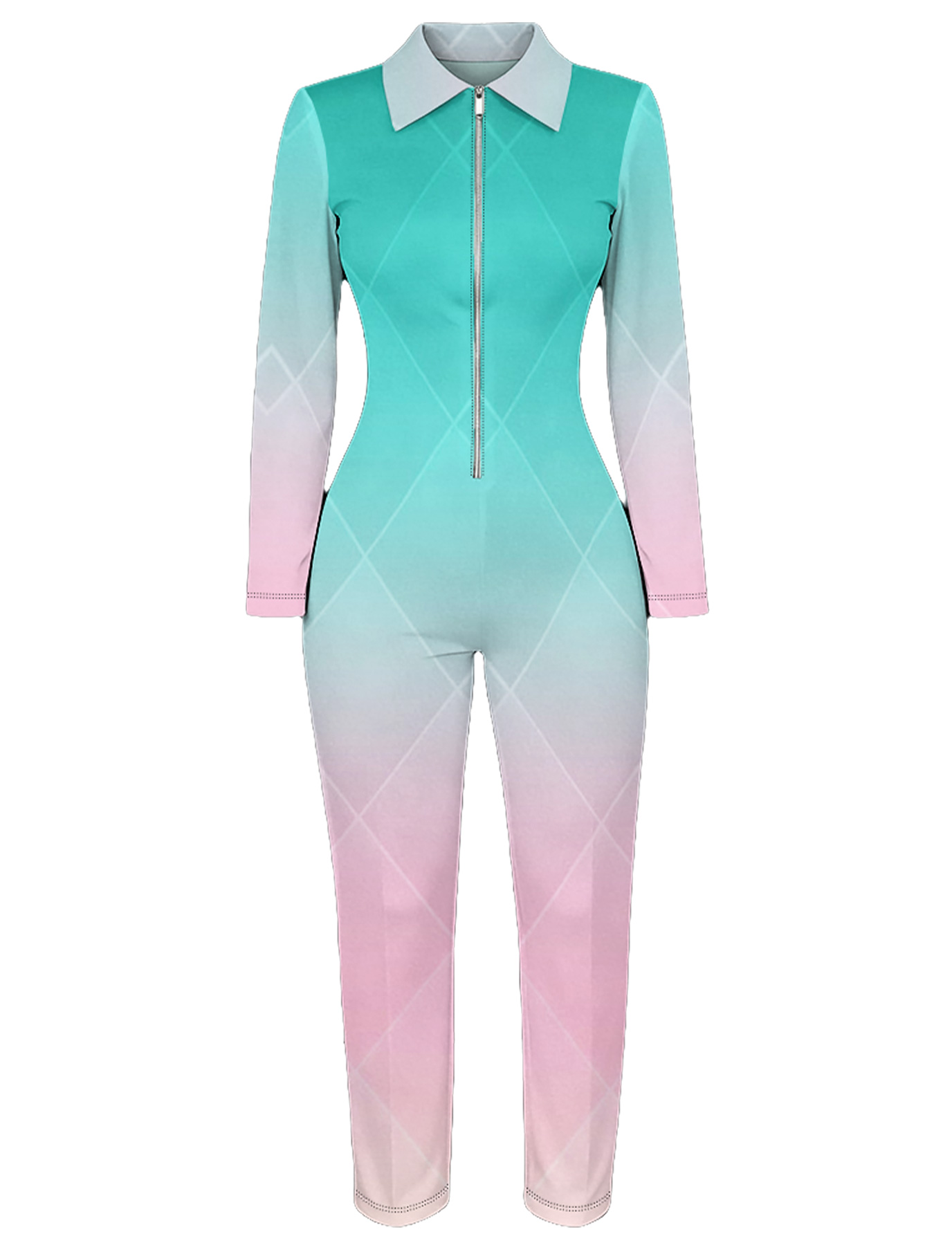 Teal to Pink Gradient Long Sleeve Zip-Up Jumpsuit 