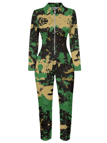 Camouflage Long Sleeve Zip-Up Jumpsuit 