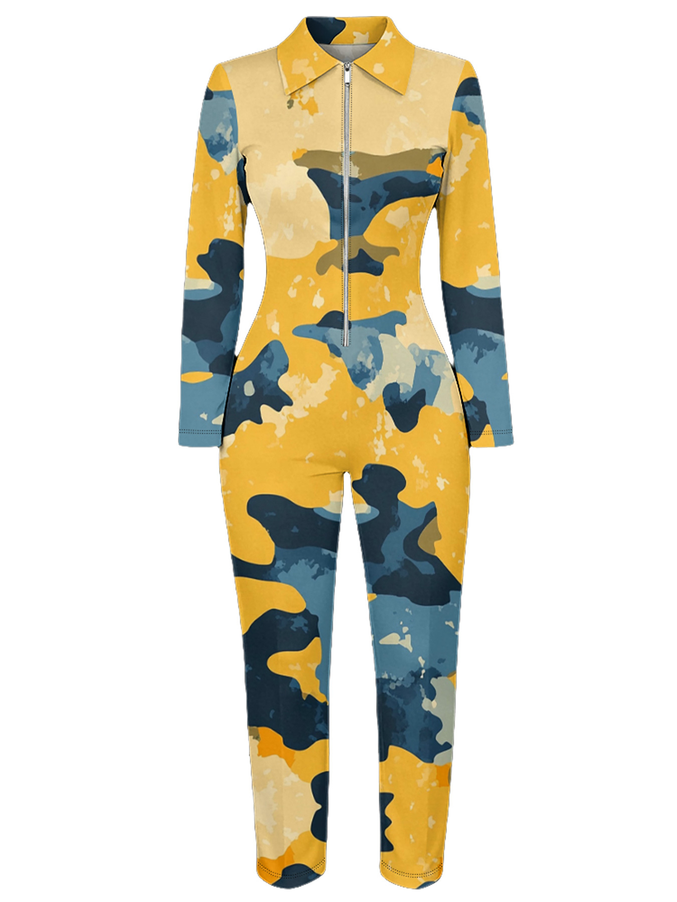 Yellow & Blue Camo Long Sleeve Zip-Up Jumpsuit 