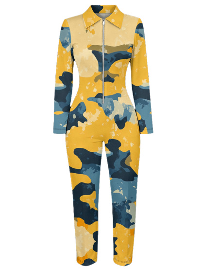 Yellow & Blue Camo Long Sleeve Zip-Up Jumpsuit 