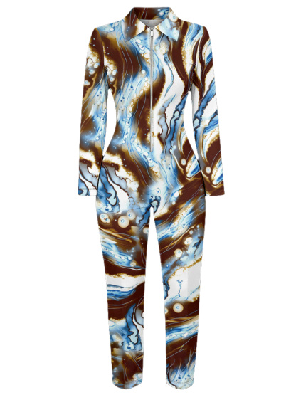 Marble Swirl Long Sleeve Zip-Up Jumpsuit 