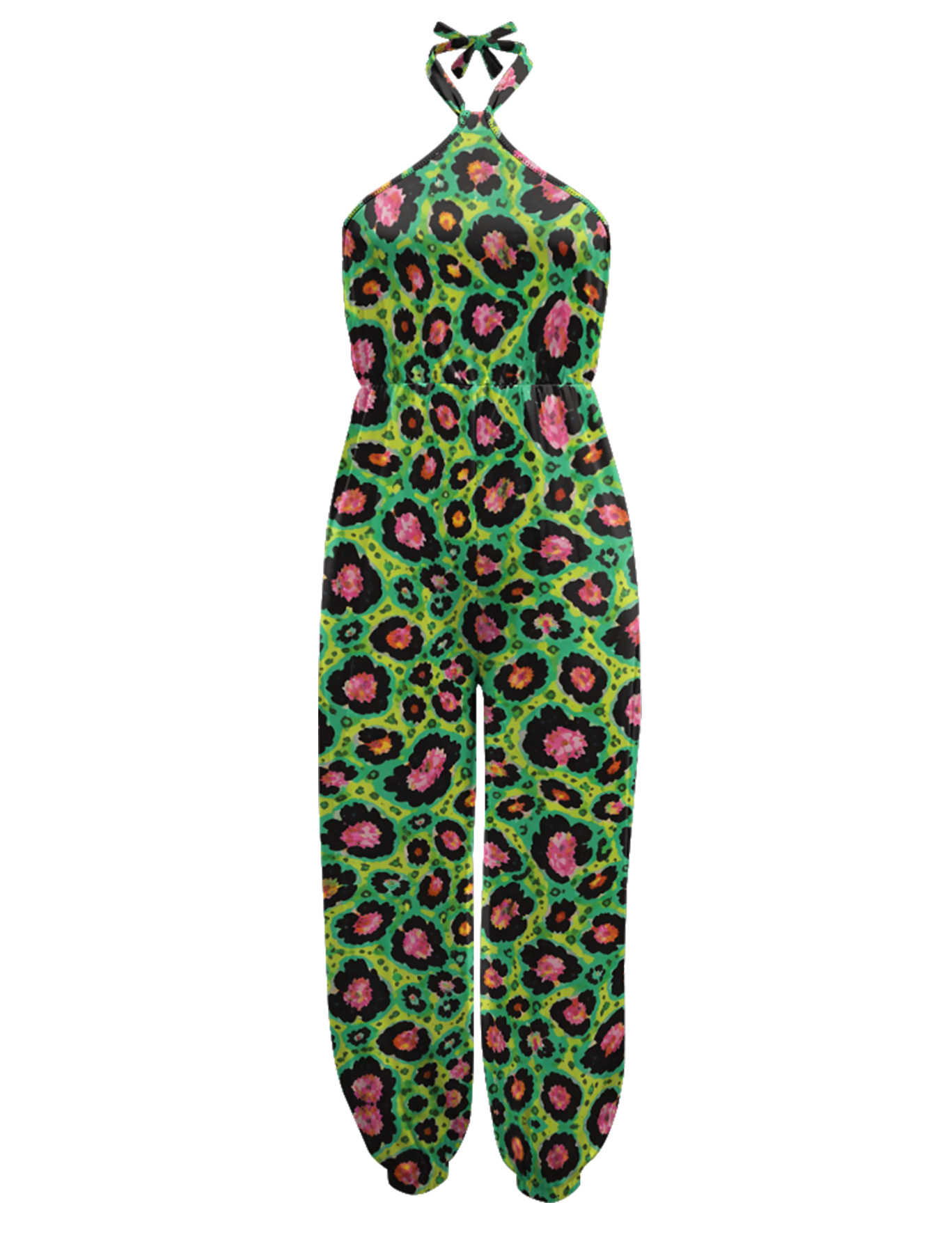 Green Neon Leopard Sleeveless Halter Jumpsuit
