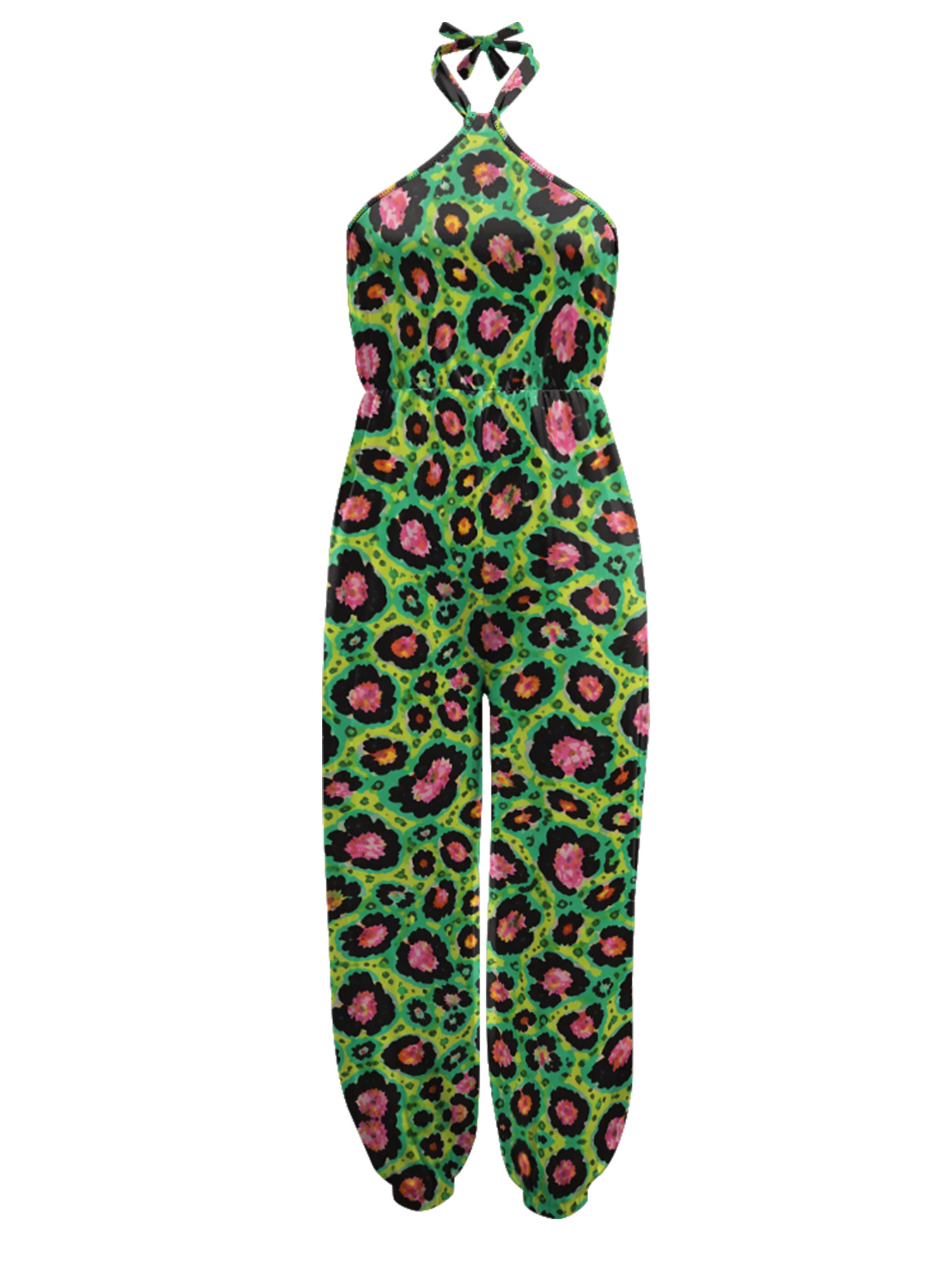 Green Neon Leopard Sleeveless Halter Jumpsuit