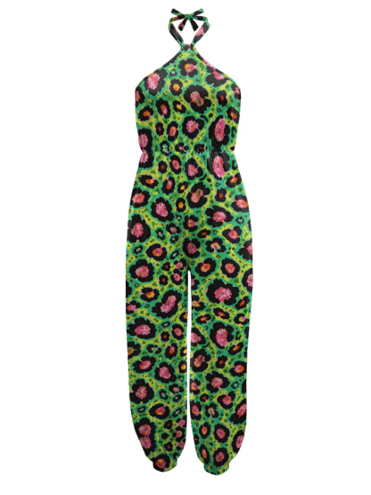 Green Neon Leopard Sleeveless Halter Jumpsuit