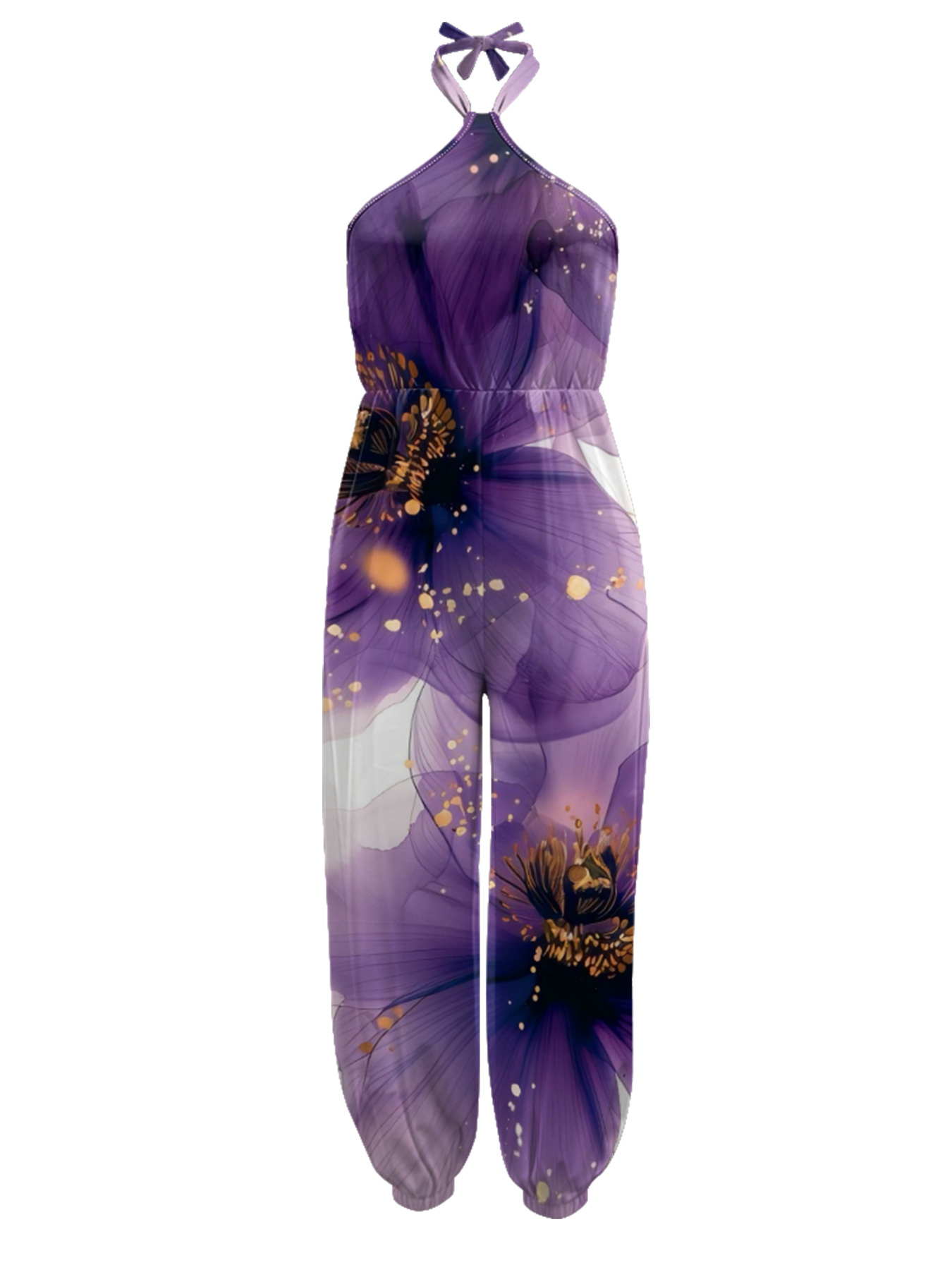Purple Watercolor Floral Sleeveless Halter Jumpsuit
