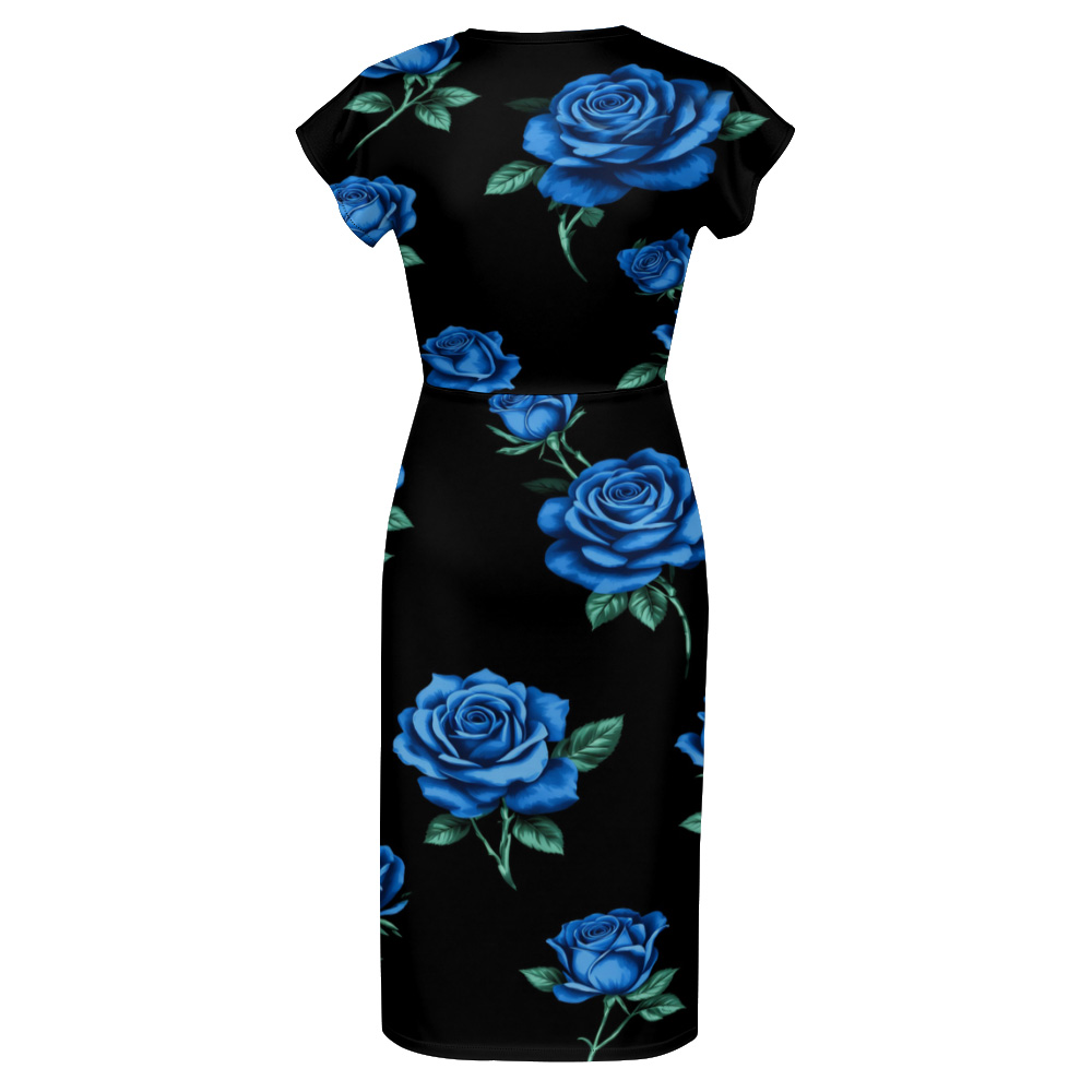 Black Blue Rose Cap Sleeve V-Neck Midi Dress