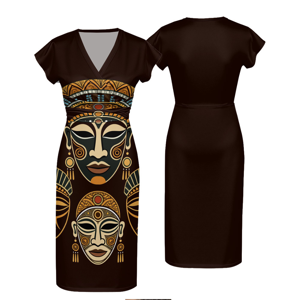 African Mask Cap Sleeve V-Neck Midi Dress ABE975