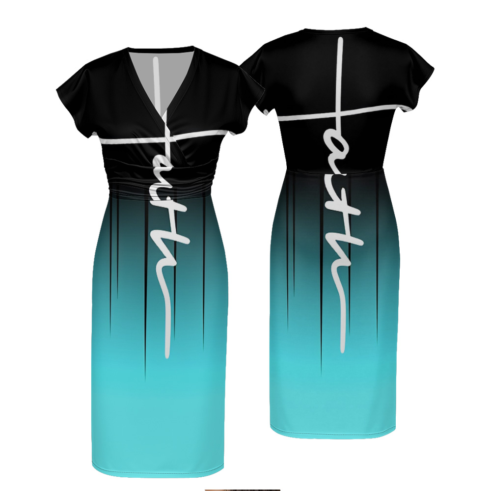 Black Turquoise Gradient Cap Sleeve V-Neck Midi Dress ACF864