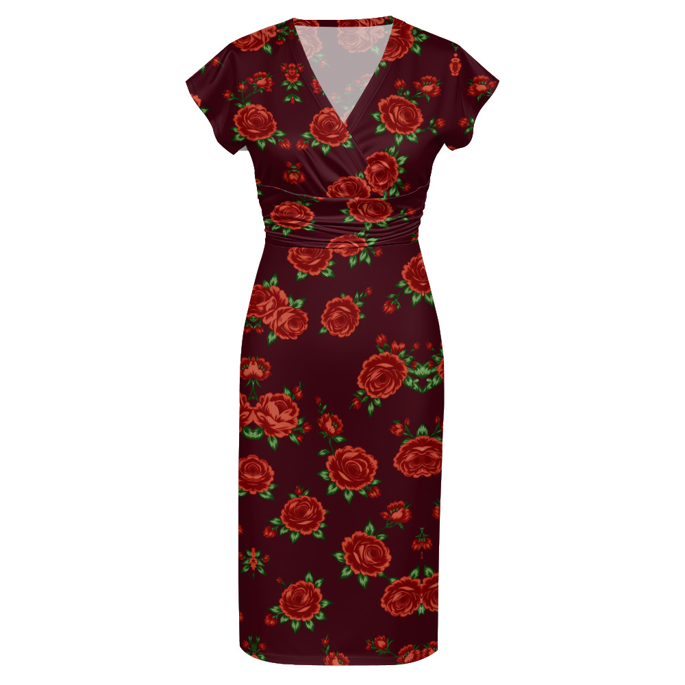Burgundy Red Rose Cap Sleeve V-Neck Midi Dress AFH531