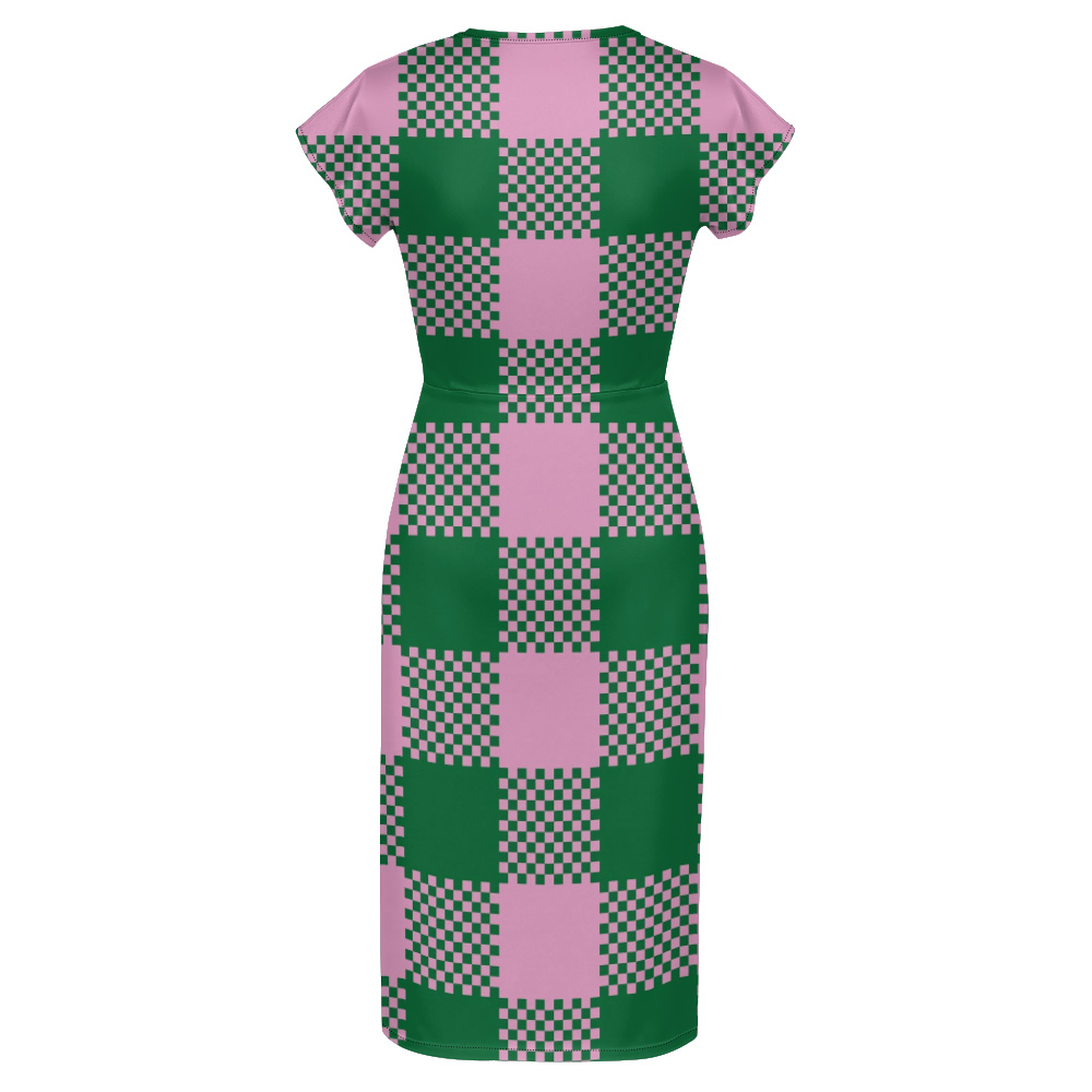 Pink Green Checkerboard Cap Sleeve V-Neck Midi Dress BCF963