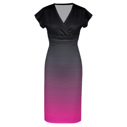 Black to Pink Ombre Cap Sleeve V-Neck Midi Dress BEH741