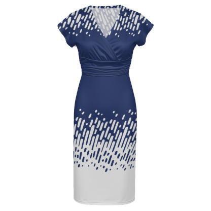Navy White Brushstroke Cap Sleeve V-Neck Midi Dress CDE951