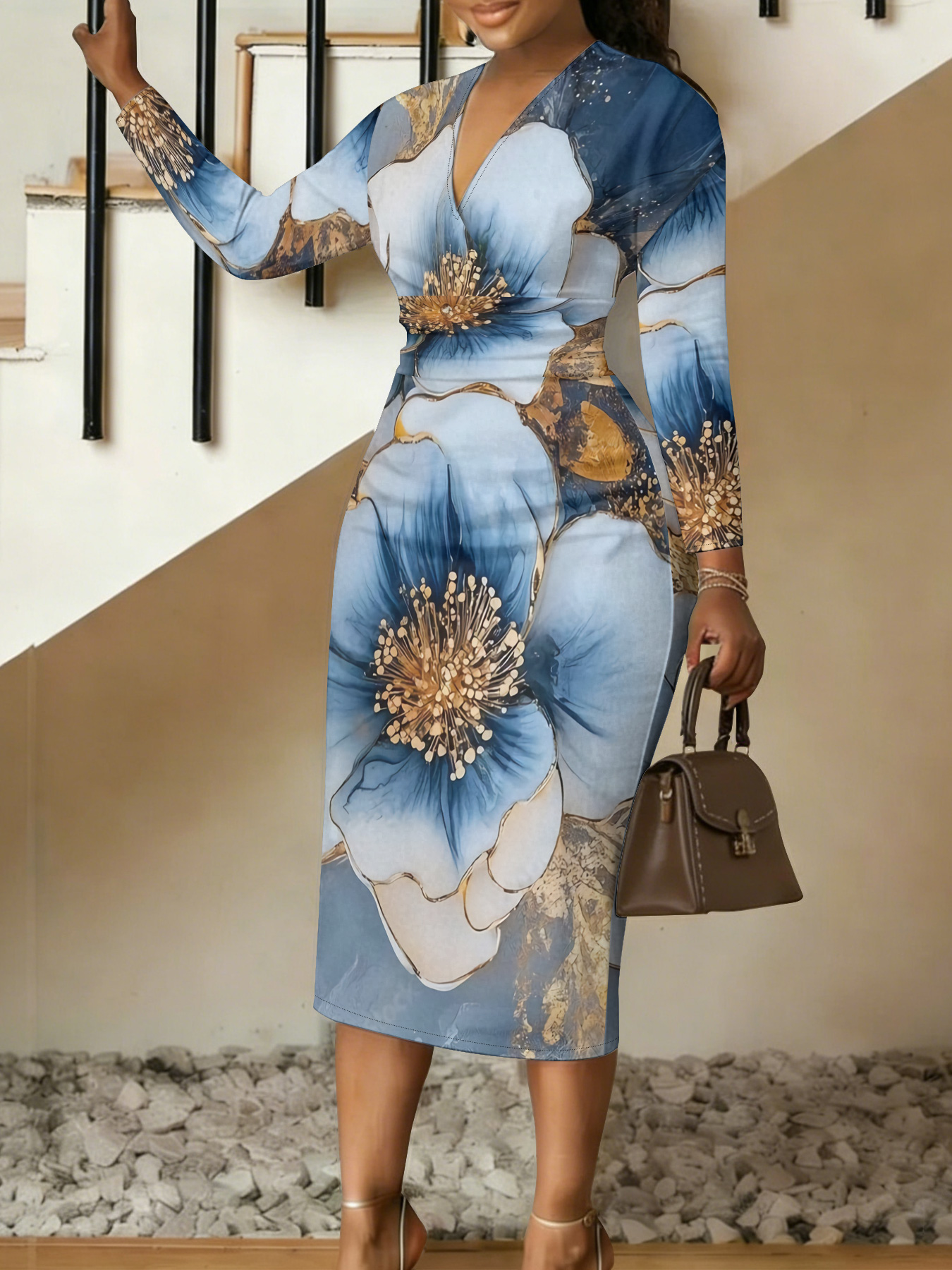 Blue Gold Floral V-Neck Bodycon Midi Dress ABG874