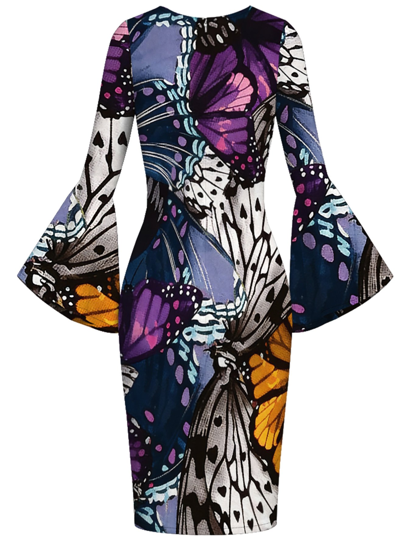 Vibrant Watercolor Butterfly Flare Sleeve Bodycon Midi Dress BHJ6251