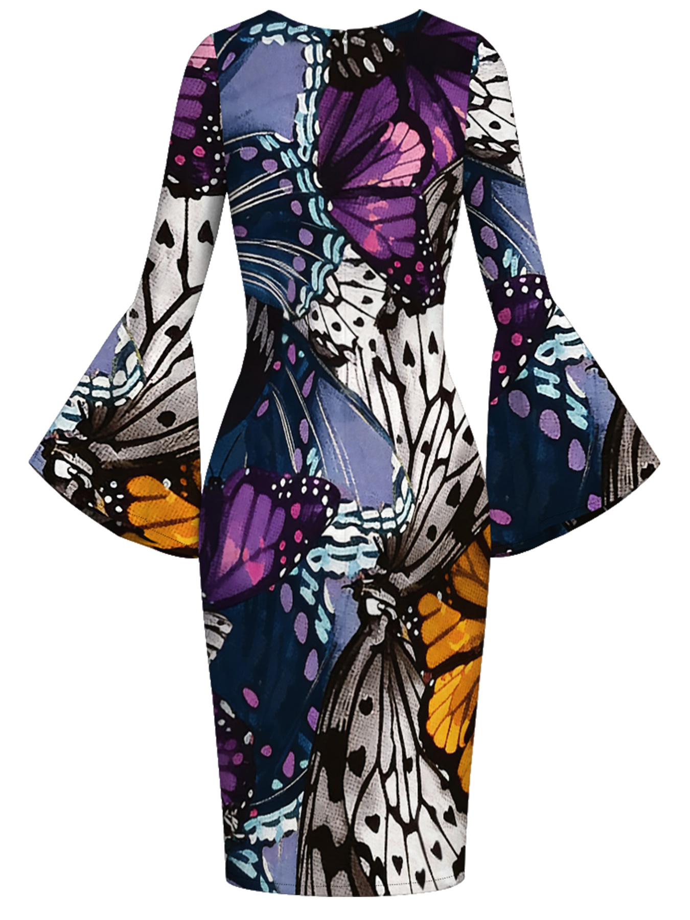 Vibrant Watercolor Butterfly Flare Sleeve Bodycon Midi Dress BHJ6251