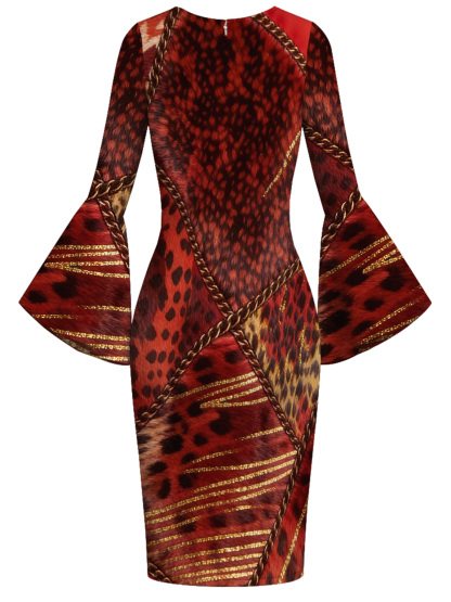 Red Leopard Print Gold Chain Flare Sleeve Bodycon Midi Dress CDF7382