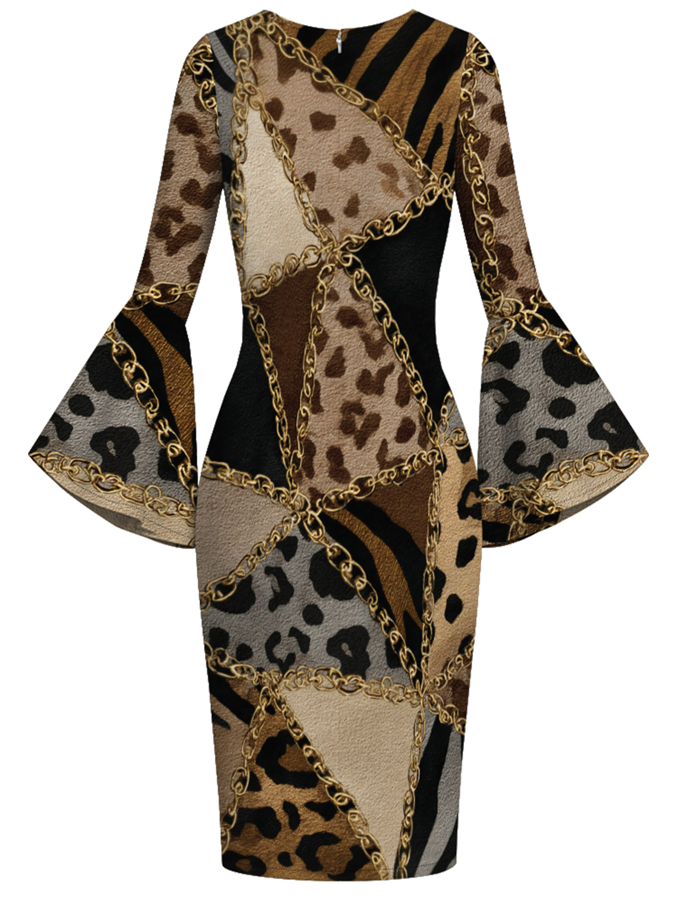 Brown & Gold Leopard Flare Sleeve Bodycon Midi Dress JKL3675