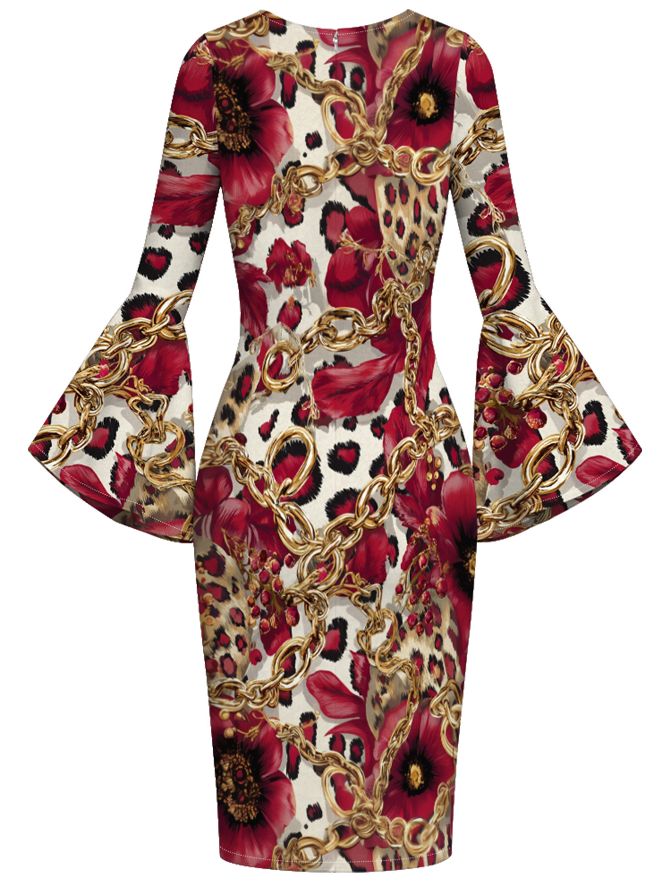 Red & Gold Animal Patchwork Flare Sleeve Bodycon Midi Dress JKL3675