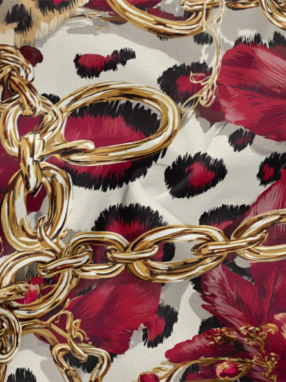 Red & Gold Animal Patchwork Flare Sleeve Bodycon Midi Dress JKL3675