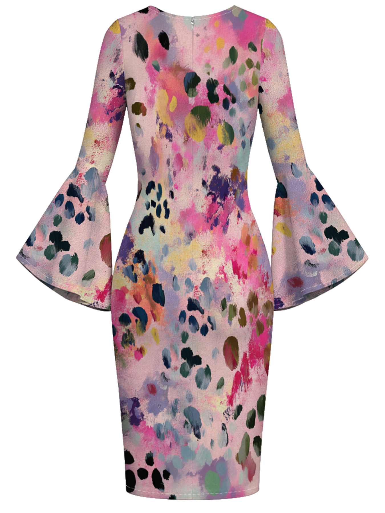 Multicolor Watercolor Flare Sleeve Bodycon Midi Dress MNO4786