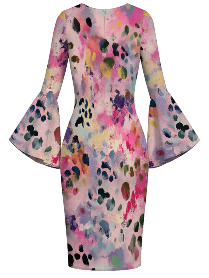 Multicolor Watercolor Flare Sleeve Bodycon Midi Dress MNO4786