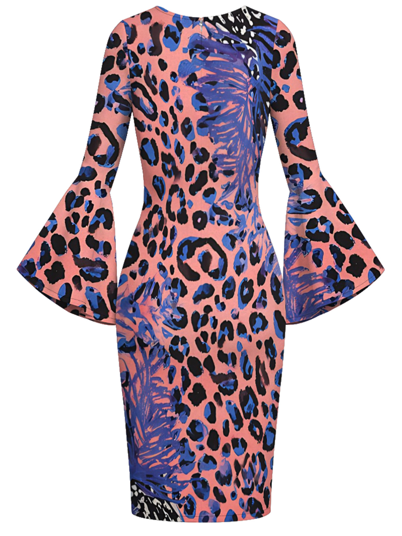 Pink Blue Watercolor Leopard Flare Sleeve Bodycon Midi Dress STU6918