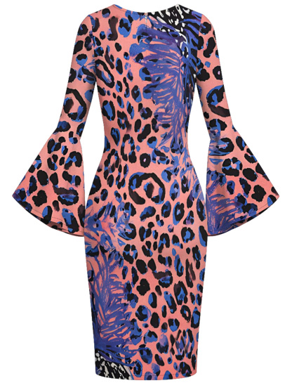 Pink Blue Watercolor Leopard Flare Sleeve Bodycon Midi Dress STU6918