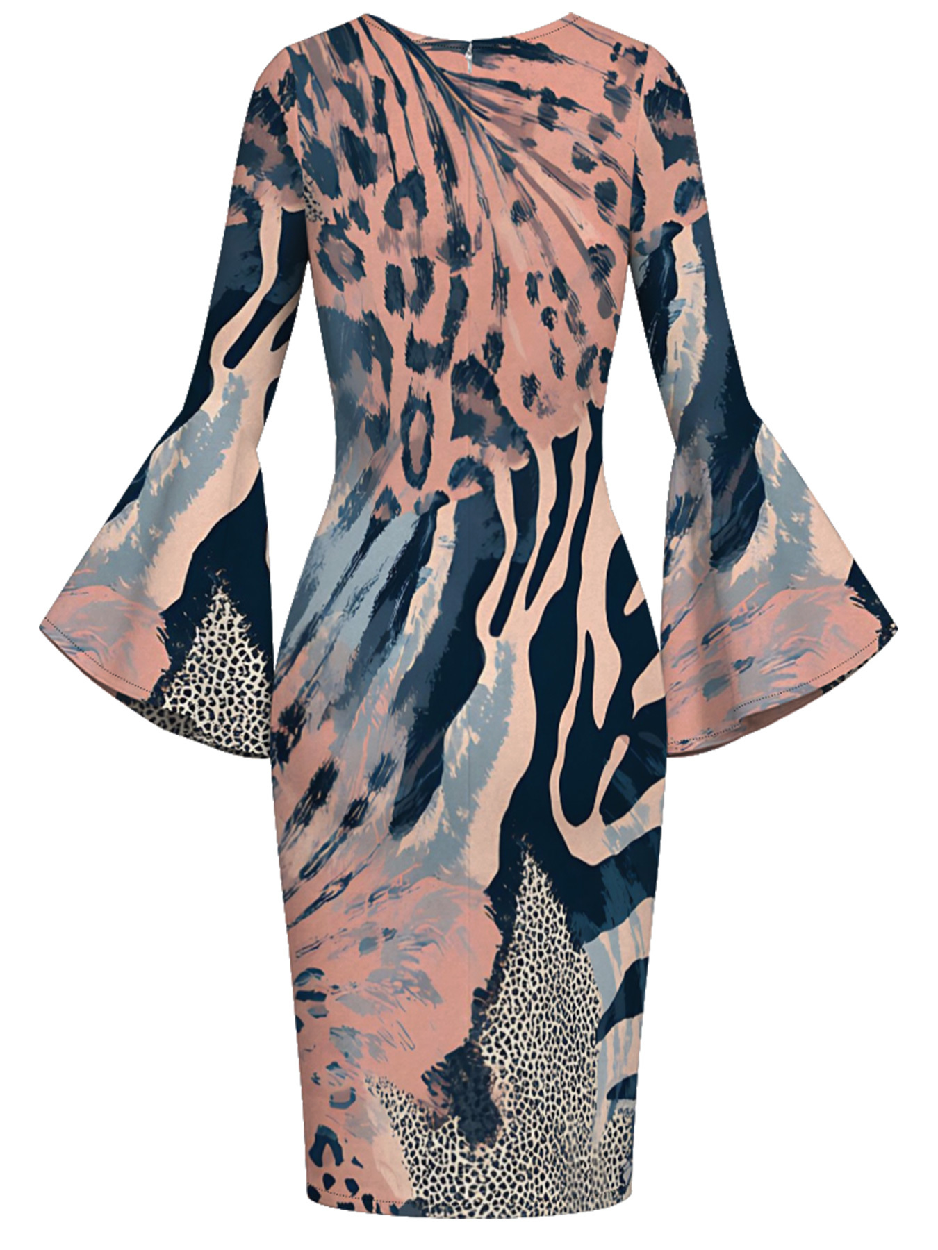 Pink & Navy Watercolor Animal Flare Sleeve Bodycon Midi Dress VWX7129