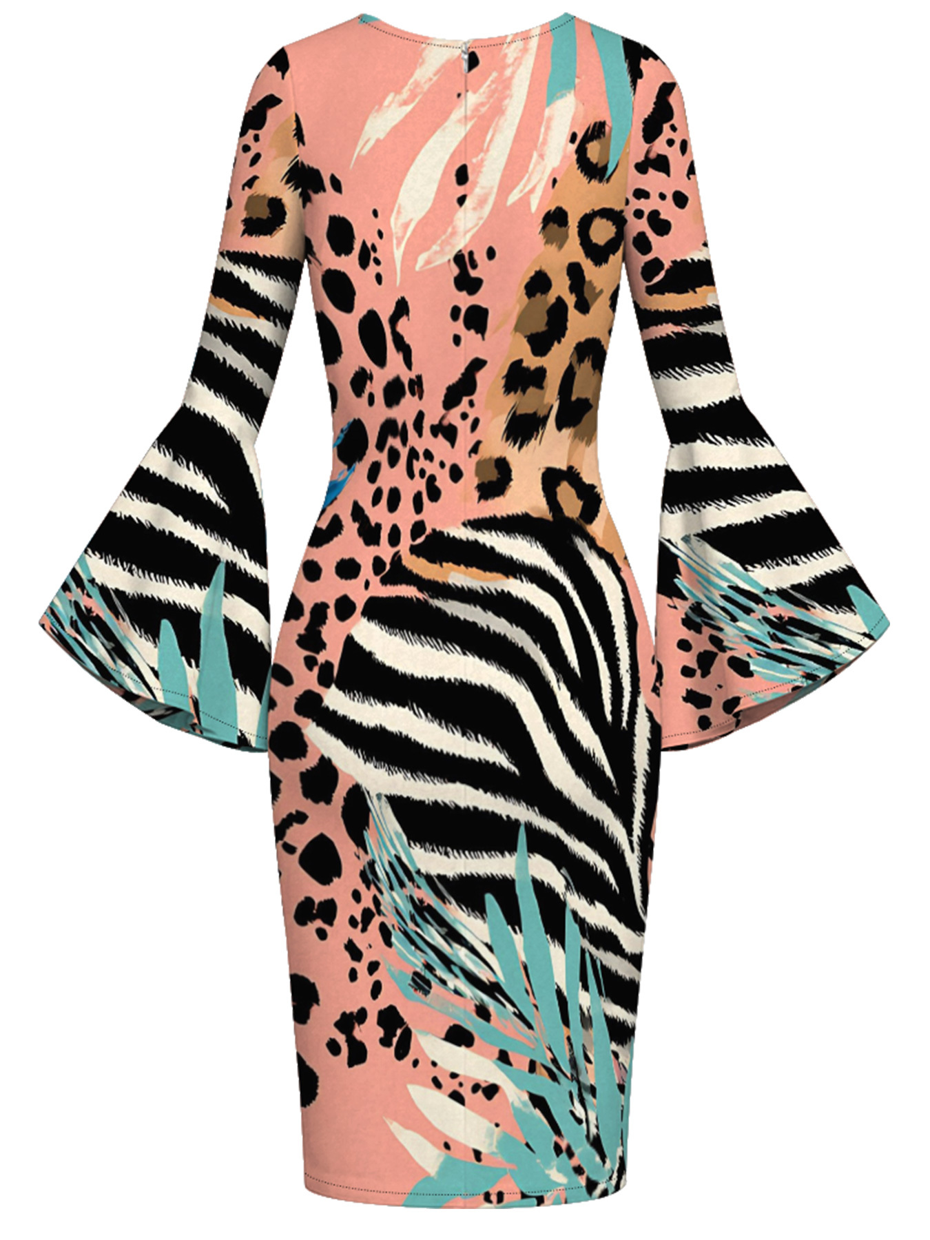 Pink & Teal Tropical Animal Flare Sleeve Bodycon Midi Dress ACE9342
